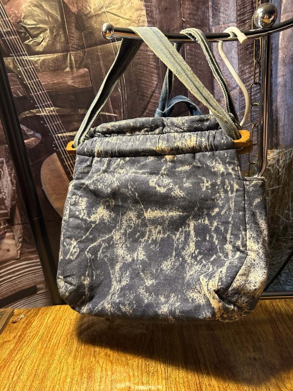 Vintage Acid Wash Denim Tote Bag with Wooden Dowel Handles